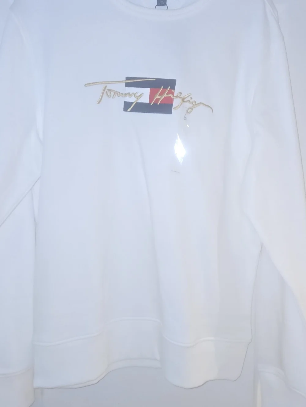 Tommy Hilfiger White Crewneck Sweater with Gold Script Logo and Flag